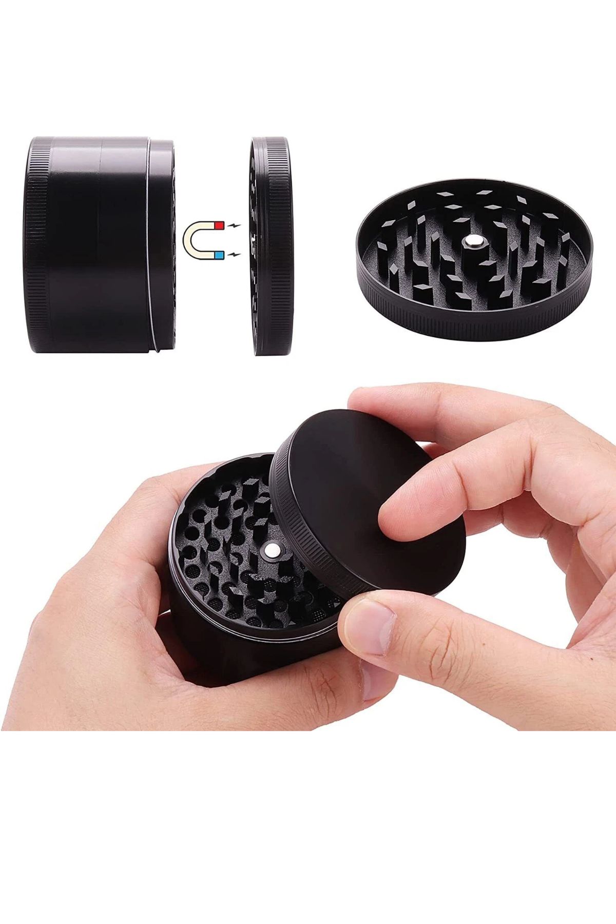 63mm Siyah Grinder Premium 4 Katmanlı Çinko Alaşım Manuel Kahve Baharat Öğütücü Parçalayıcı - Görsel 5