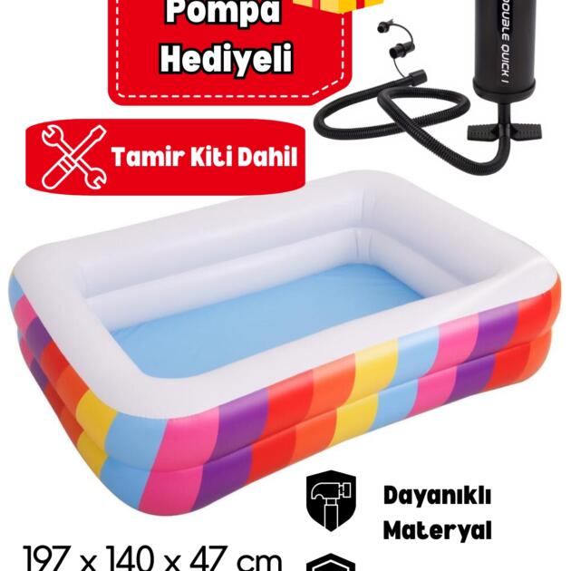 195x140x47 cm Şişme Havuz Pompa Hediyeli – Çift Halkalı Dayanıklı Aile Bahçe Havuzum Tamir Kiti Dahil