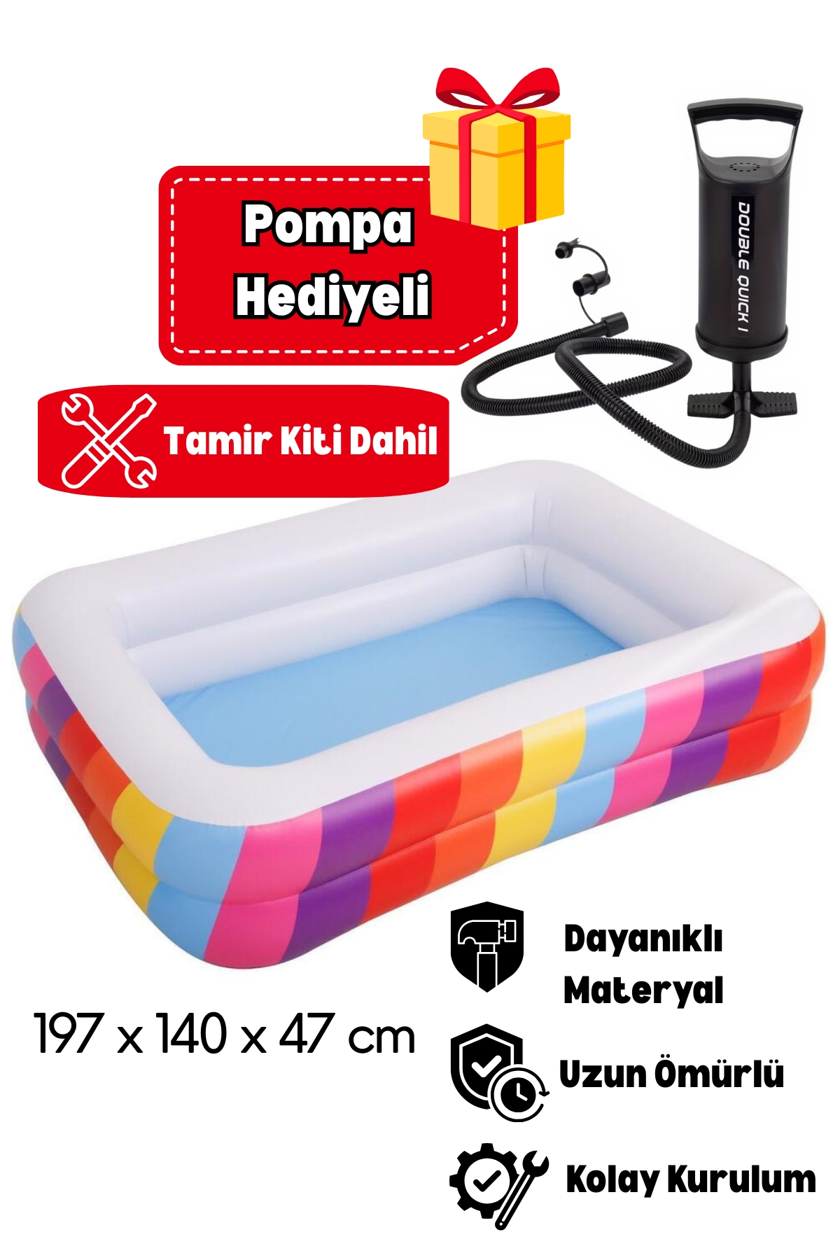 195x140x47 cm Şişme Havuz Pompa Hediyeli – Çift Halkalı Dayanıklı Aile Bahçe Havuzum Tamir Kiti Dahil