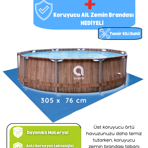 305x76 cm Fiberglas İskelet Havuz Kahverengi Ahşap Desenli Bahçe Havuzu + Örtü ve Zemin Brandası Hediyeli Tamir Kiti Dahil