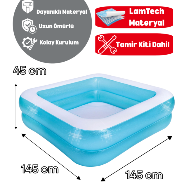 145x145x45 cm Şişme Bahçe Havuzu – Çift Çemberli Aile Havuzu Tamir Kiti Dahil