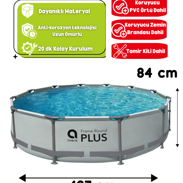 427x84 cm Metal Gövde Bahçe Havuzu – Paslanmaz Çelik Konstrüksiyon Kolay Kurulumlu Aile Havuzu Kouryucu Alt Üst Branda Hediyeli Tamir Kiti Dahil