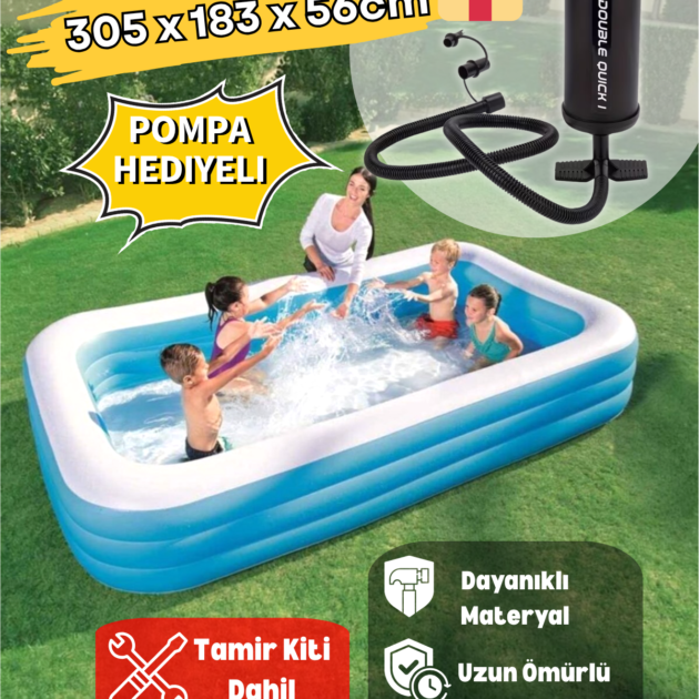 305x183x56 cm Şişme Bahçe Havuzu Pompa Hediyeli– Üç Çemberli Aile Havuzu Tamir Kiti Dahil