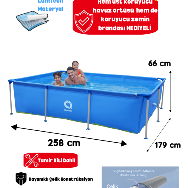 258x179x66 cm Metal Gövde Bahçe Havuzu – Paslanmaz Çelik Konstrüksiyon Aile Havuzu + Örtü ve Zemin Brandası Hediyeli Tamir Kiti Dahil